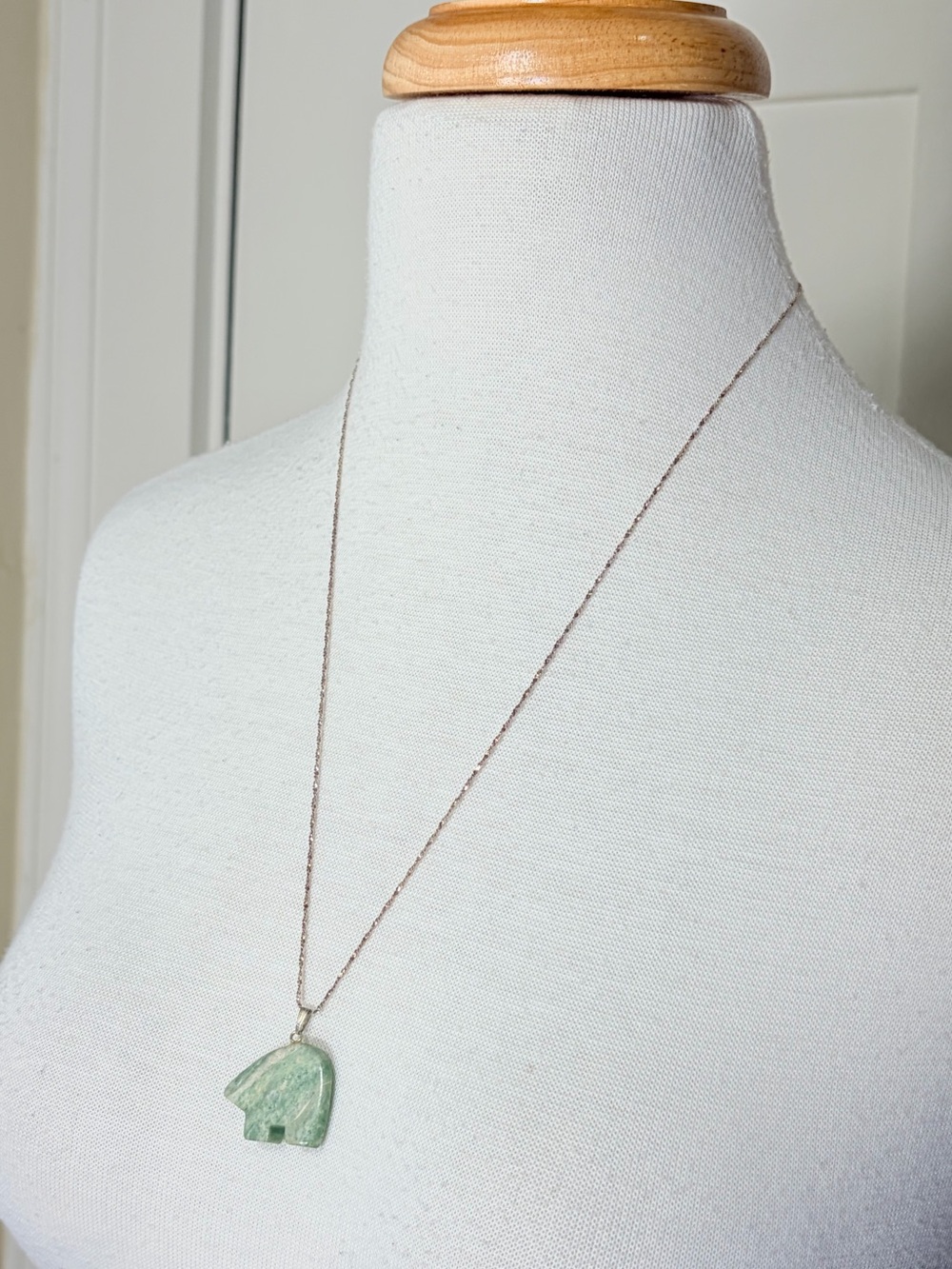 Sterling Silver 925 Marked Necklace with Green Mint Stone Fetish Bear Pendant